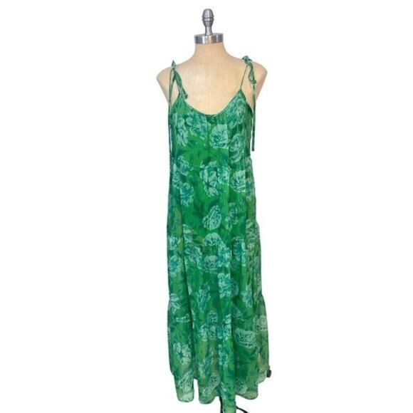 Fantastic Fawn Green Floral Tie-Strap Maxi Dress Small - Picture 1 of 5